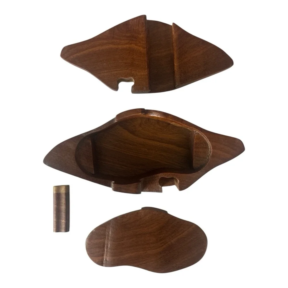 Carved Intarsia Inlaid Tropical Wood Pelican Puzzle Trinket Box Coastal Beachy